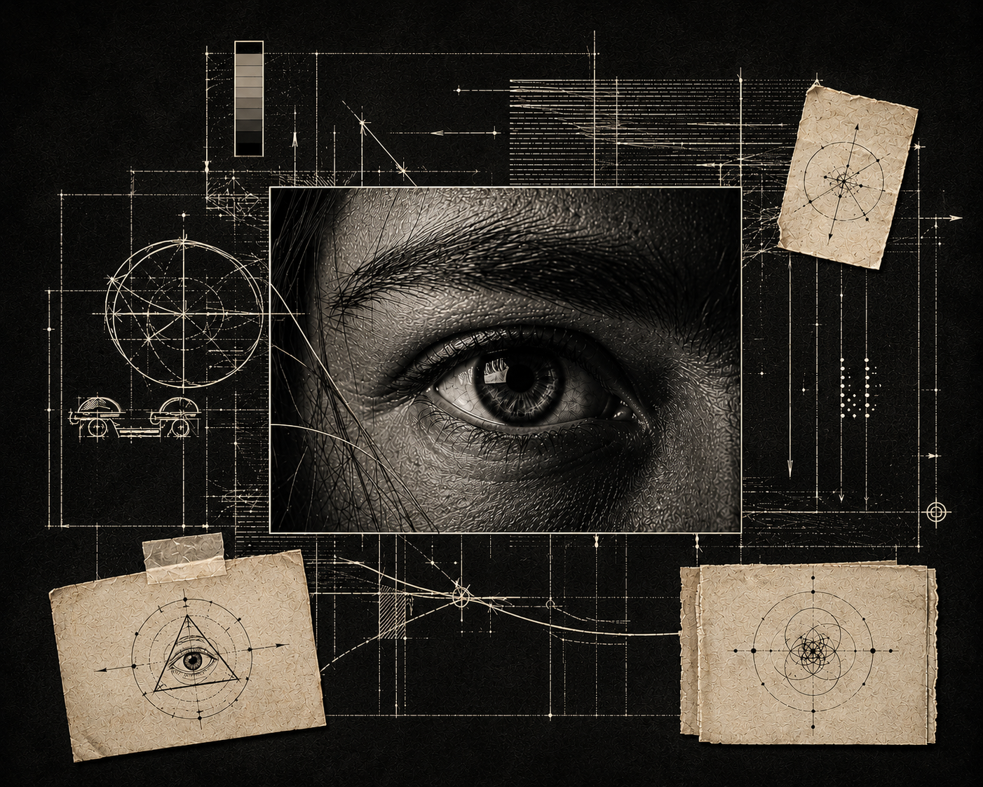 A working study of a message: an eye, schematics, and annotated notes.